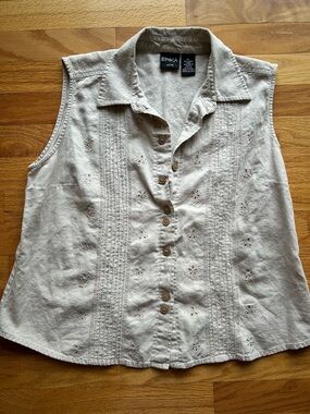 Erika Beige Sleeveless Button-Front Eyelet Shirt